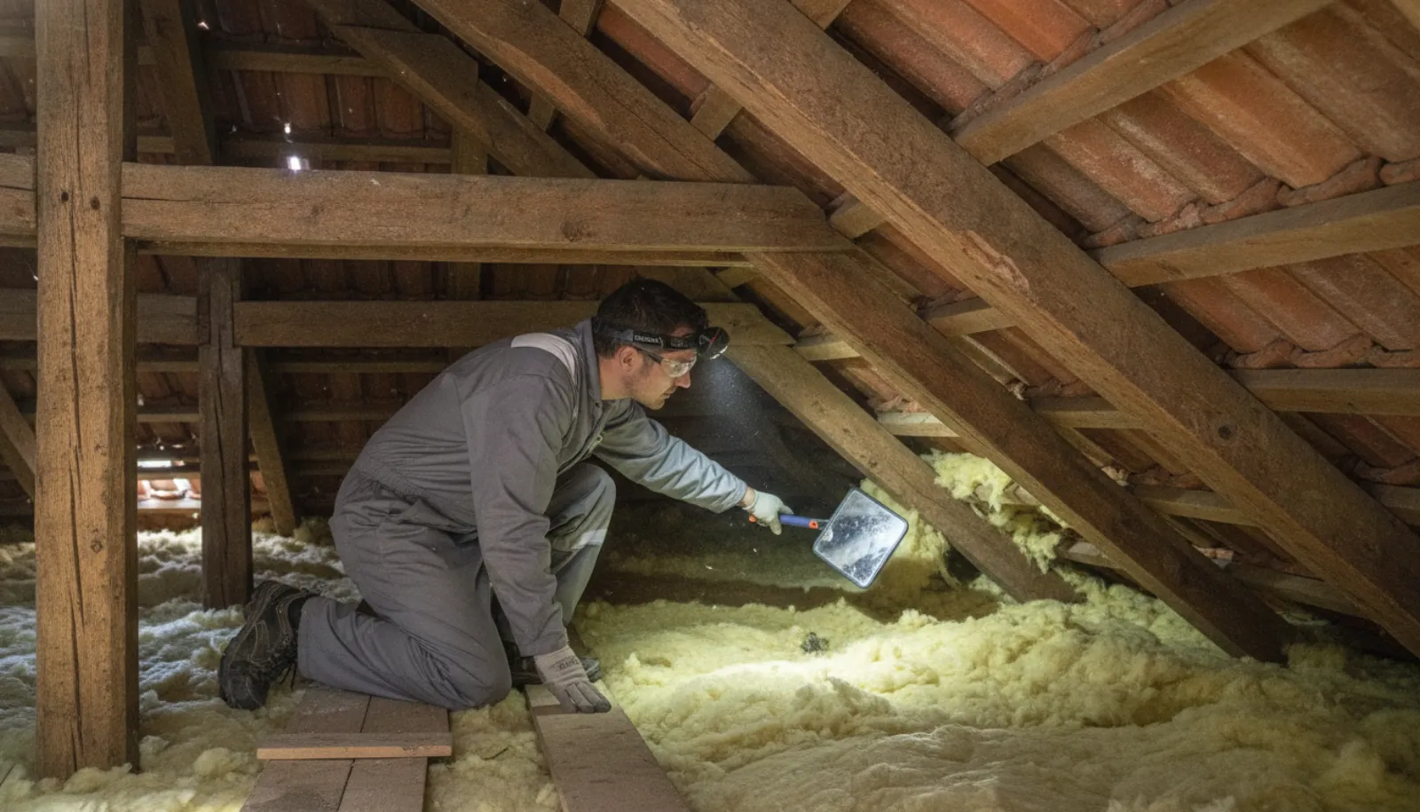 Combles de maison avec isolant visible, endroit typique où une fouine s'installe la nuit