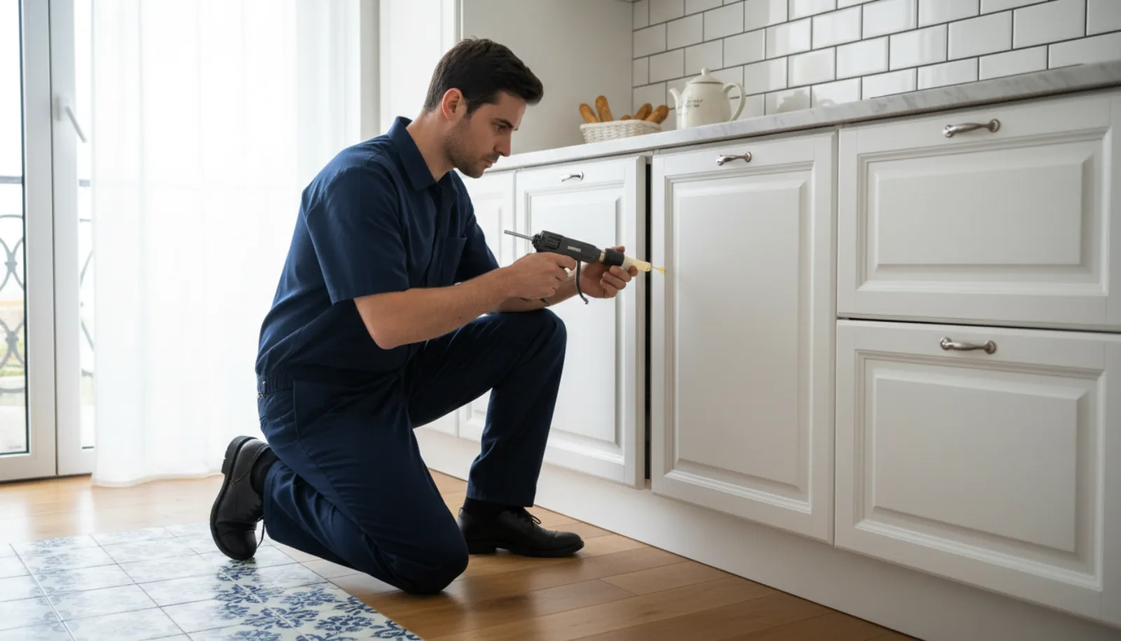 Cafard brun sur un carrelage de cuisine près d'une plinthe