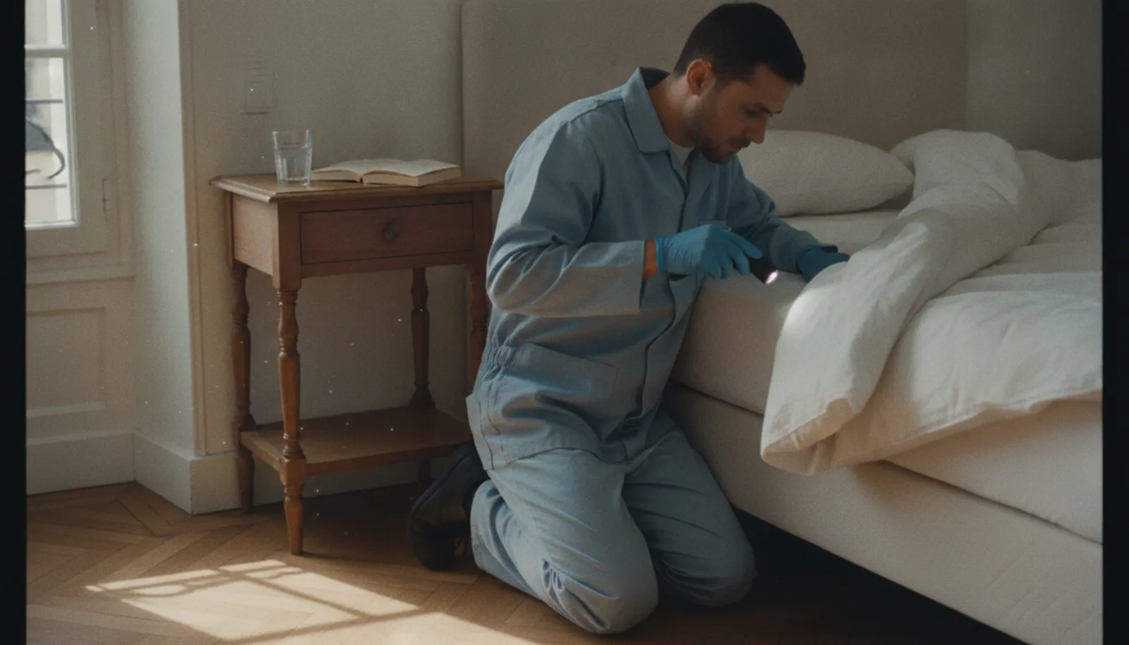 Technicien en train de traiter un matelas contre les punaises de lit dans une chambre