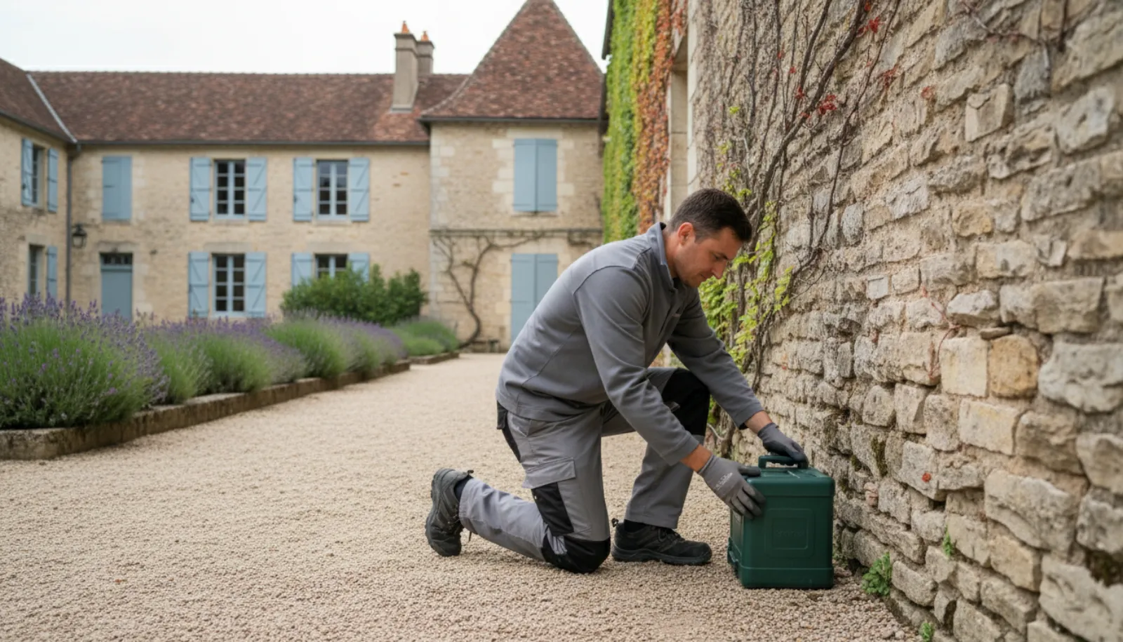 Technicien en dératisation posant des appâts rodenticides dans une cave d'immeuble