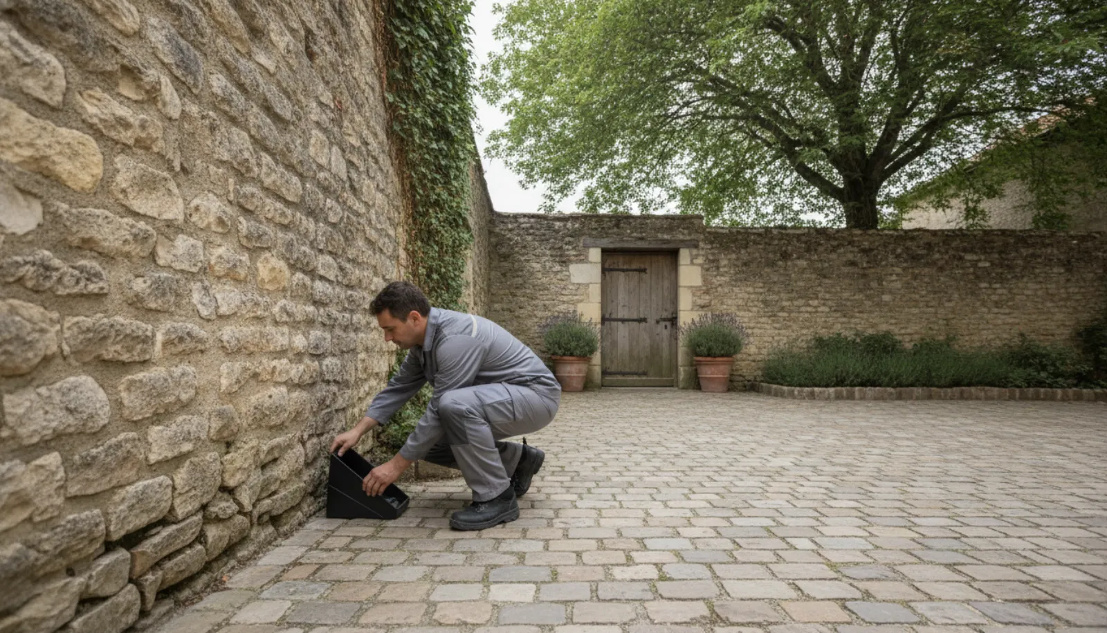 Technicien posant un piège à rats dans une cave d'immeuble