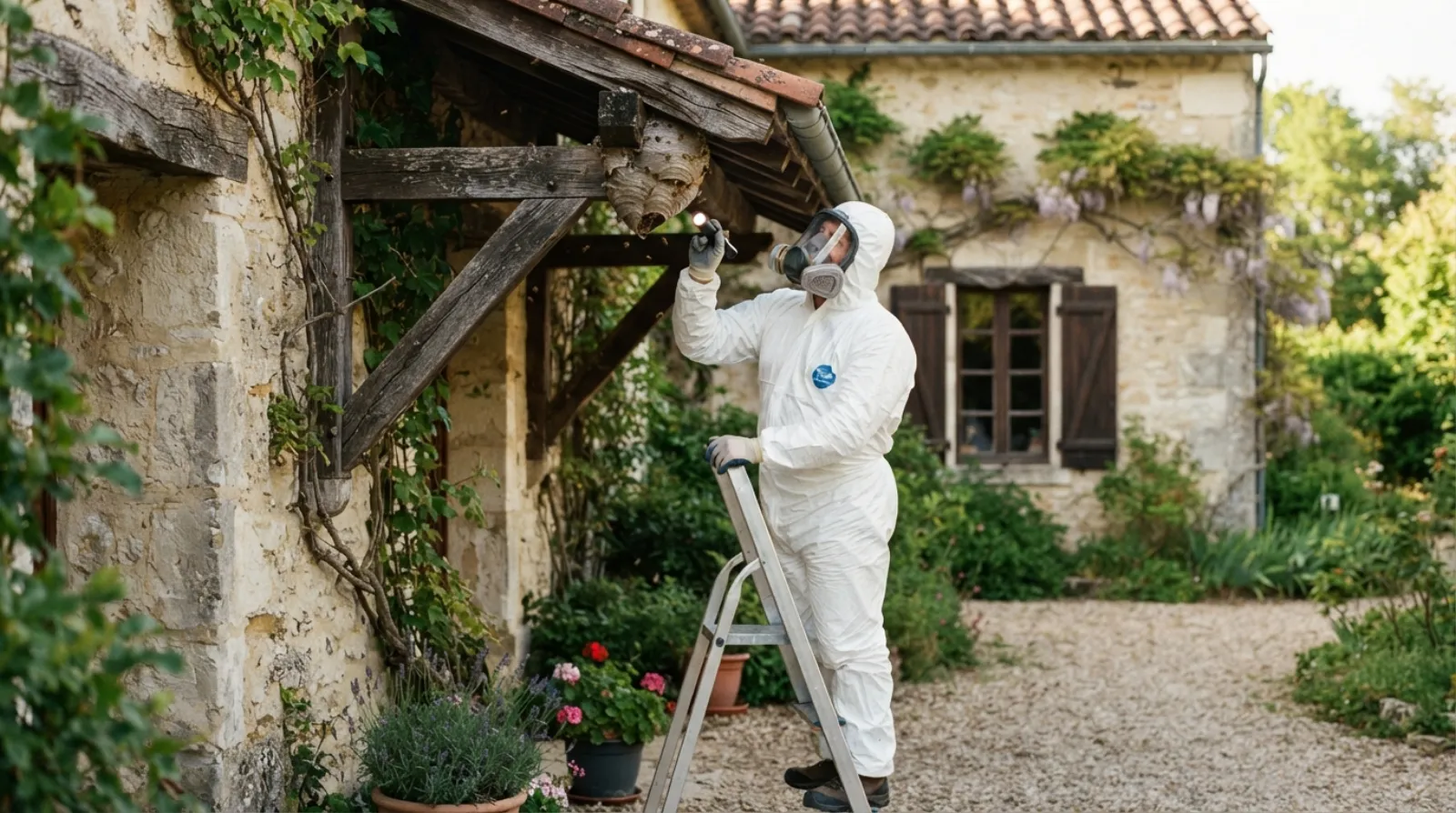 Nid de guêpes sous une toiture en bois, vue rapprochée avant intervention