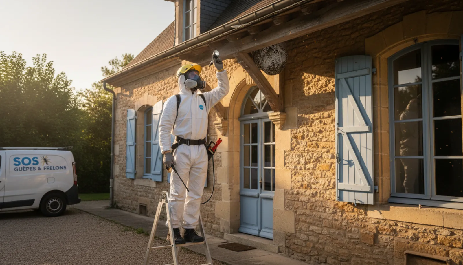 Nid de guêpes suspendu sous un avant-toit avec plusieurs ouvrières en vol autour de l'entrée