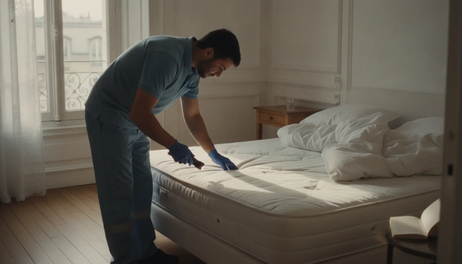 Traces sombres d'excréments de punaises de lit sur un matelas blanc