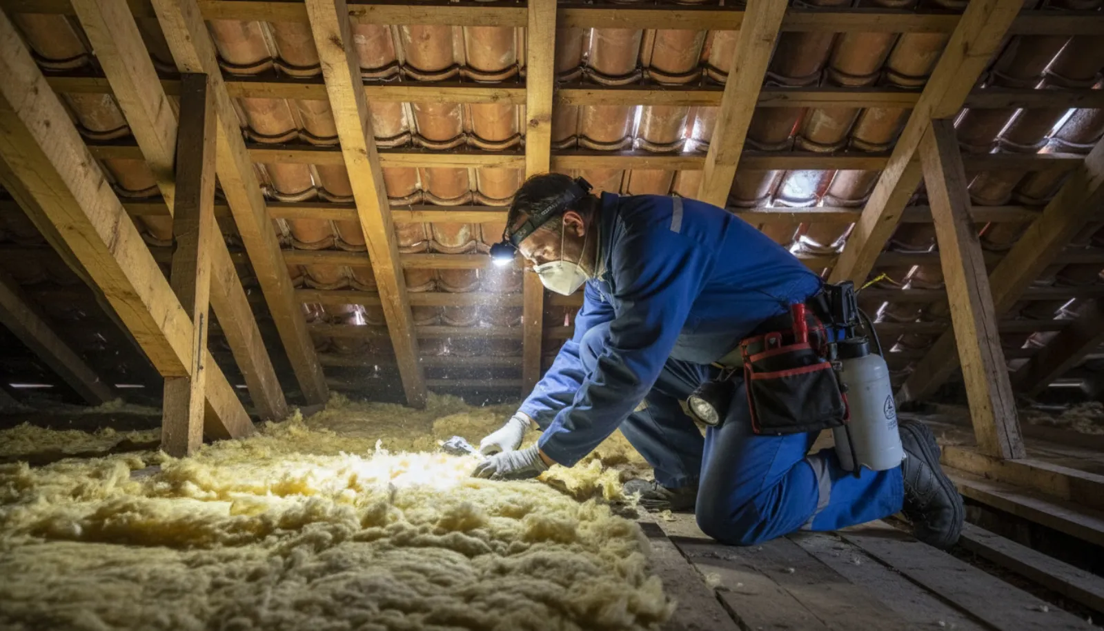 Toiture en tuiles avec une zone d'isolant visible, typique d'un passage de fouine sous les combles