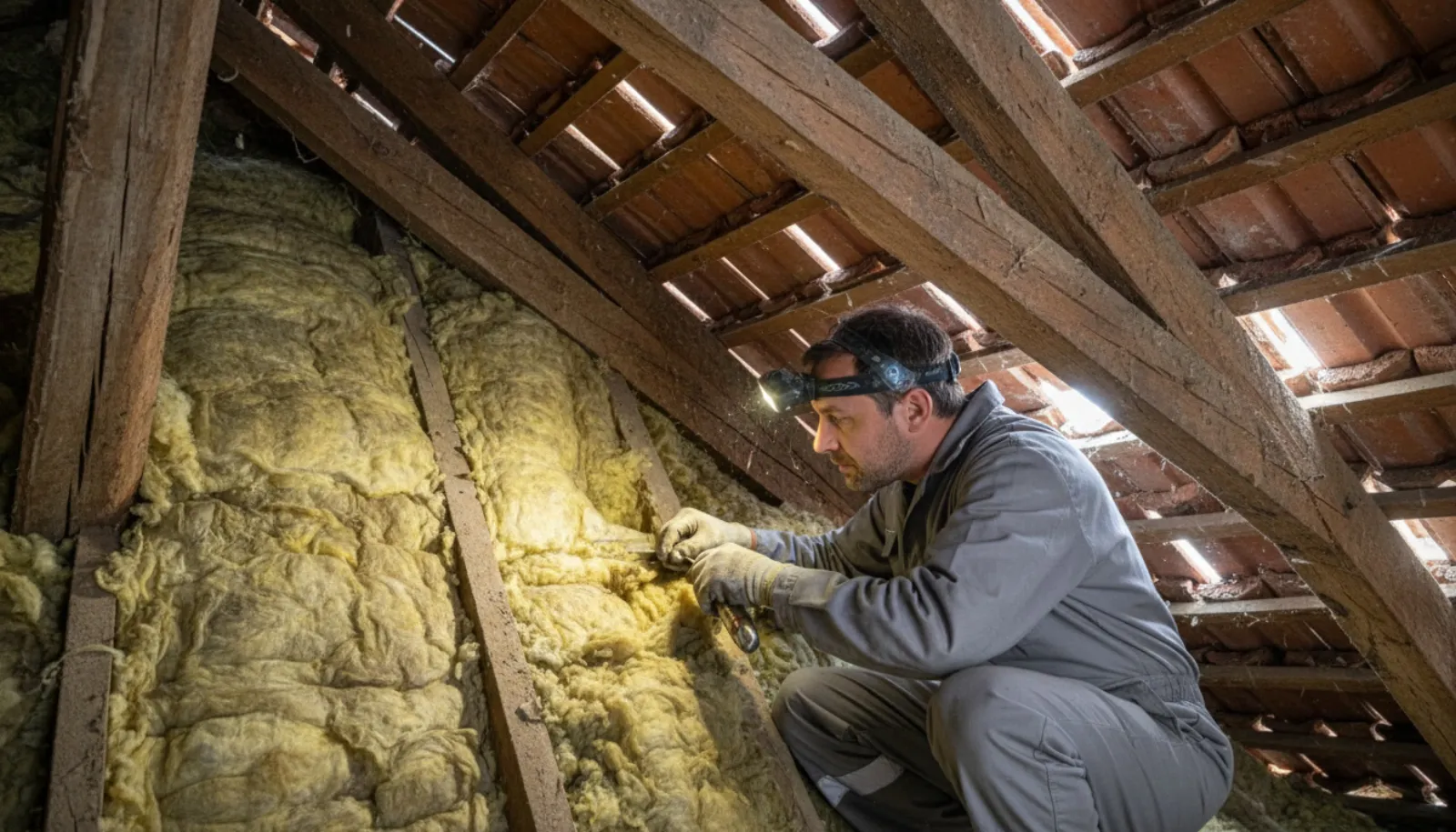 Combles de maison avec isolant et charpente en bois, environnement typique d'un nid de fouine