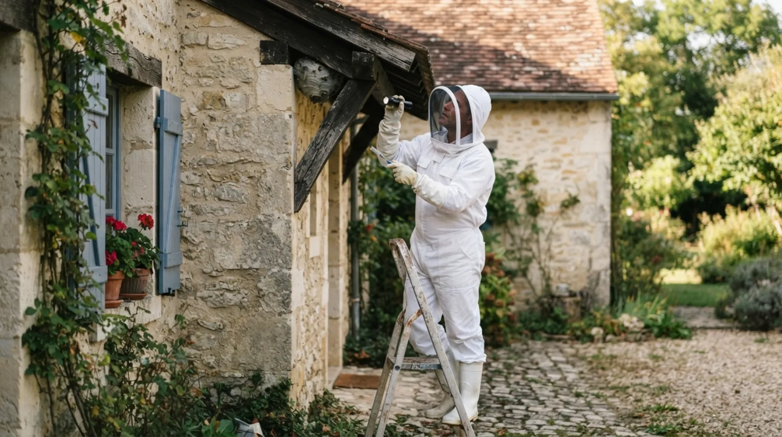 Nid de frelons gris en forme de sphère accroché sous une avancée de toit
