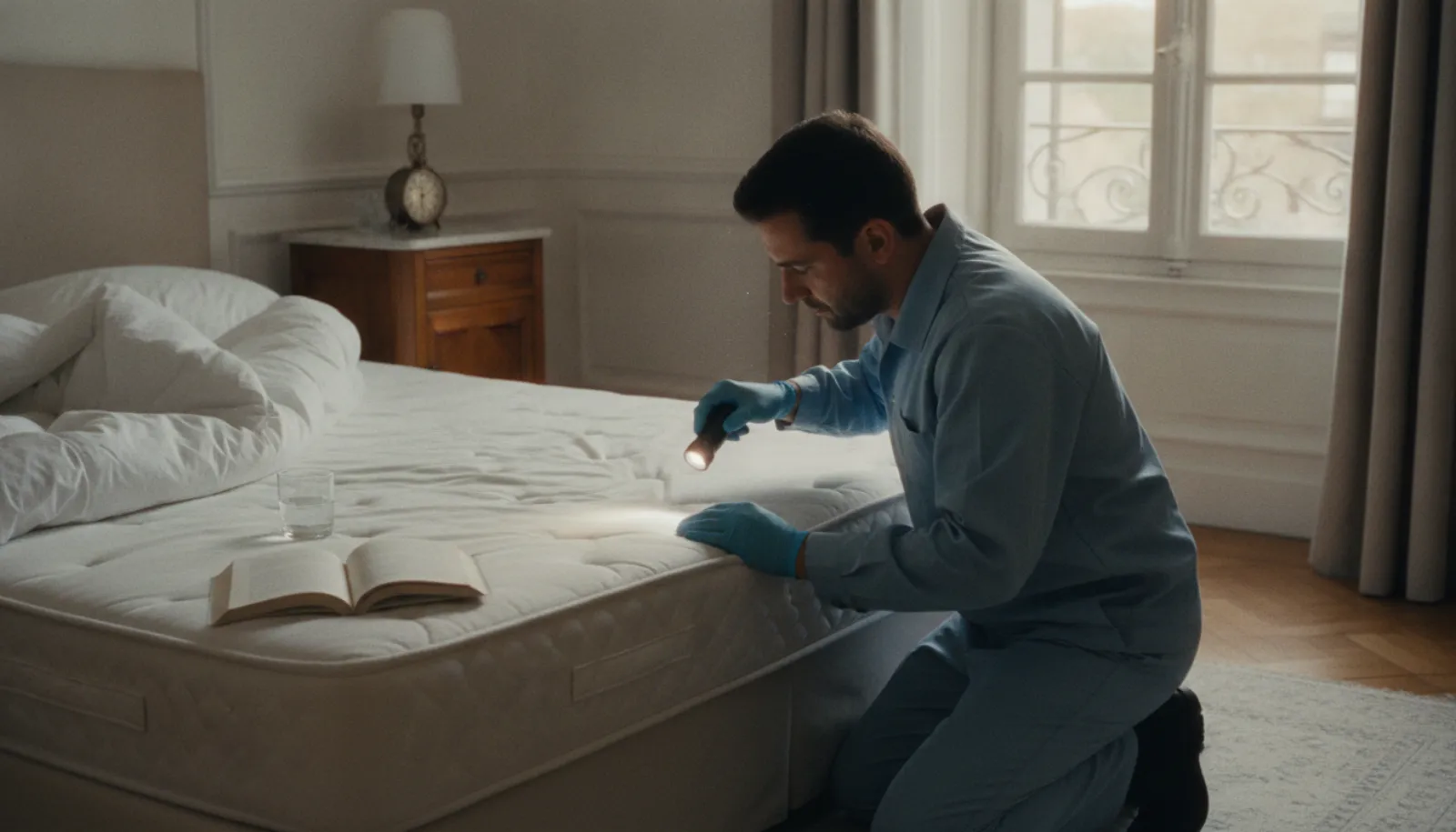 Punaise de lit morte sur un matelas blanc, vue en gros plan