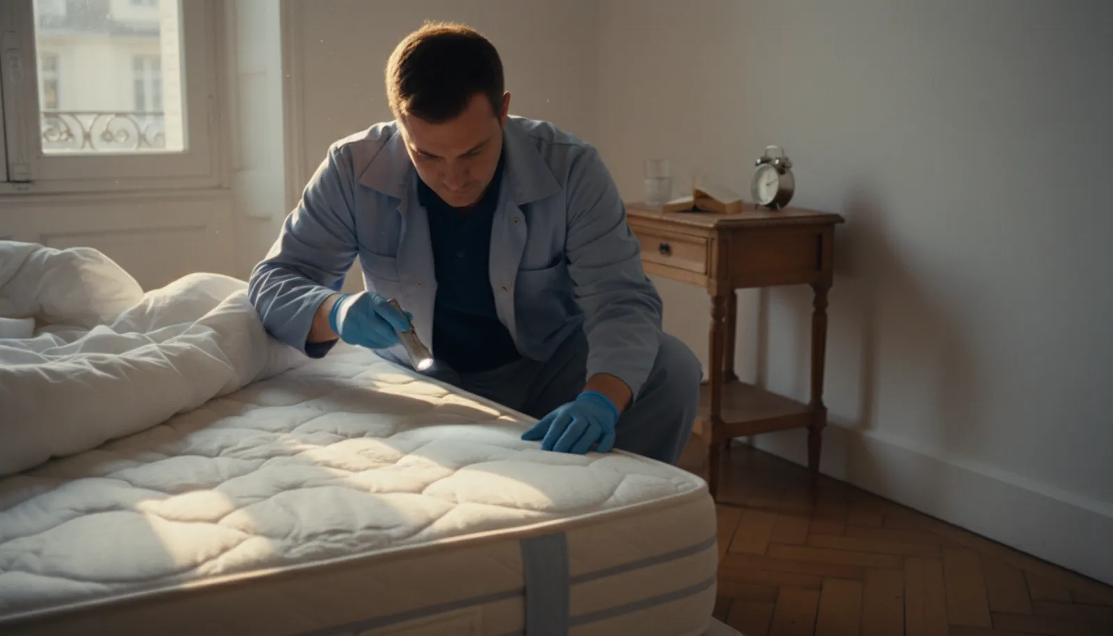 Punaise de lit adulte vue de près sur un tissu de matelas blanc