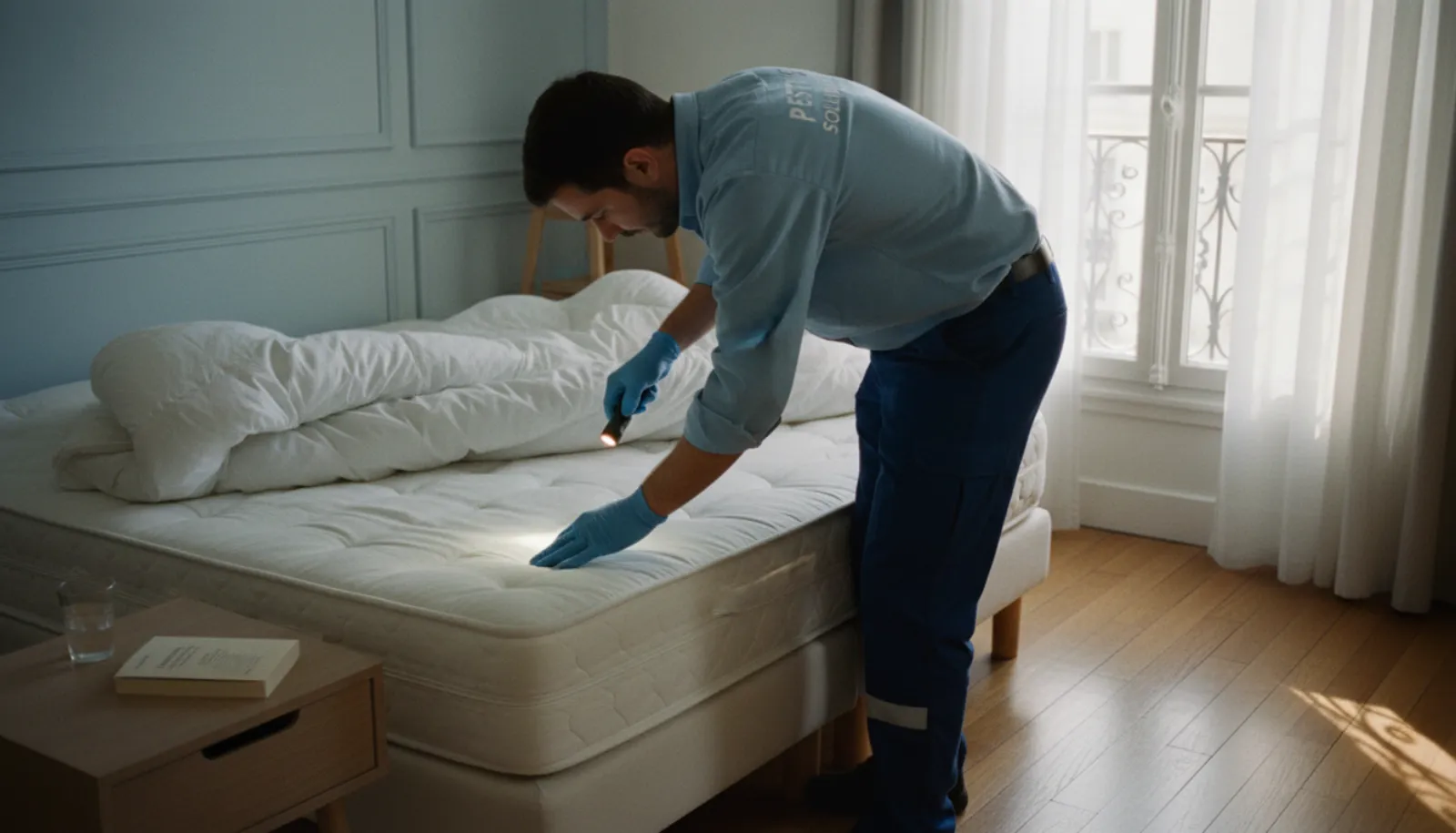 Technicien en désinsectisation inspectant un matelas pour détecter des punaises de lit