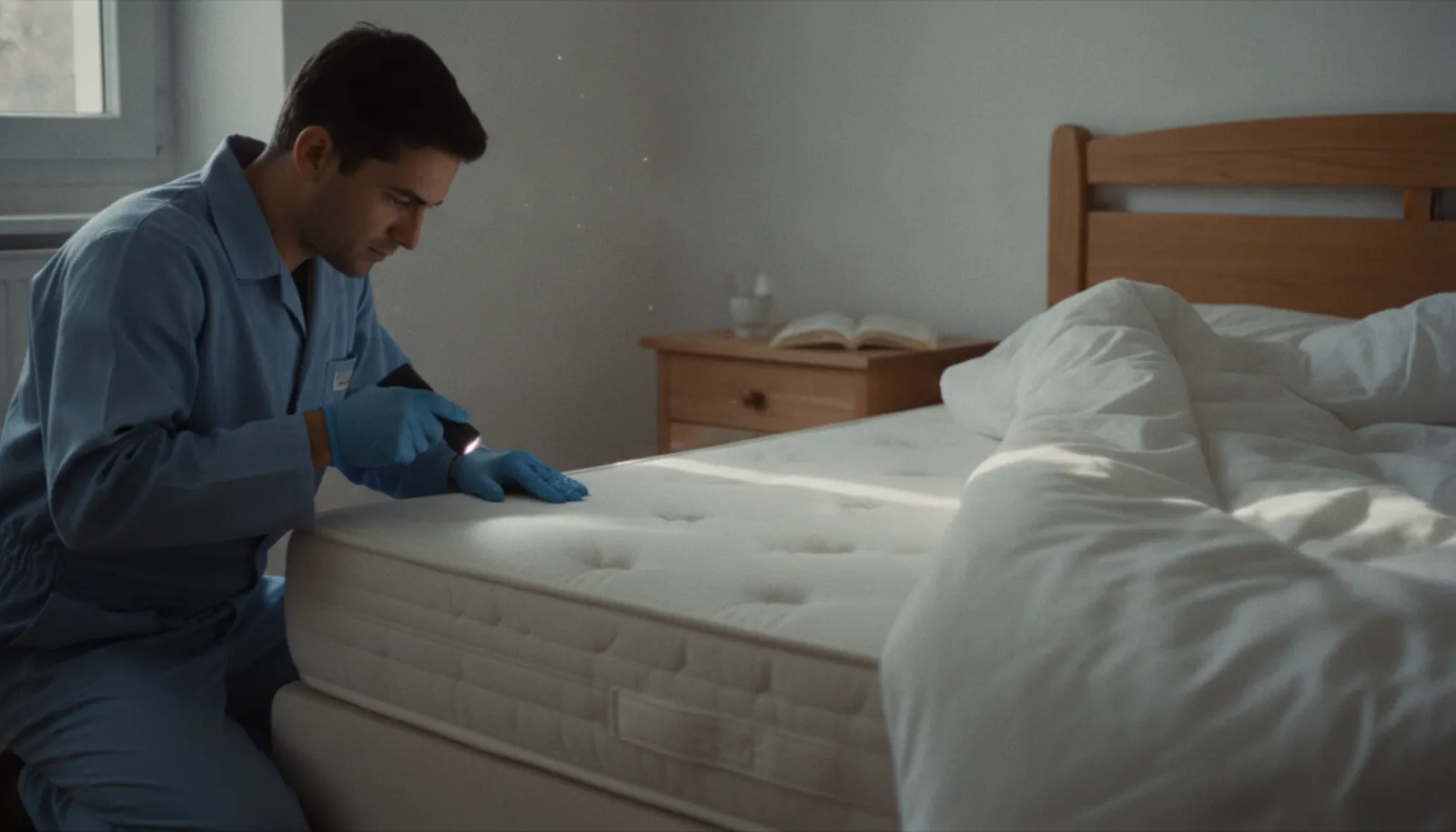 Matelas inspecté par un professionnel lors d'un traitement punaises de lit en logement locatif