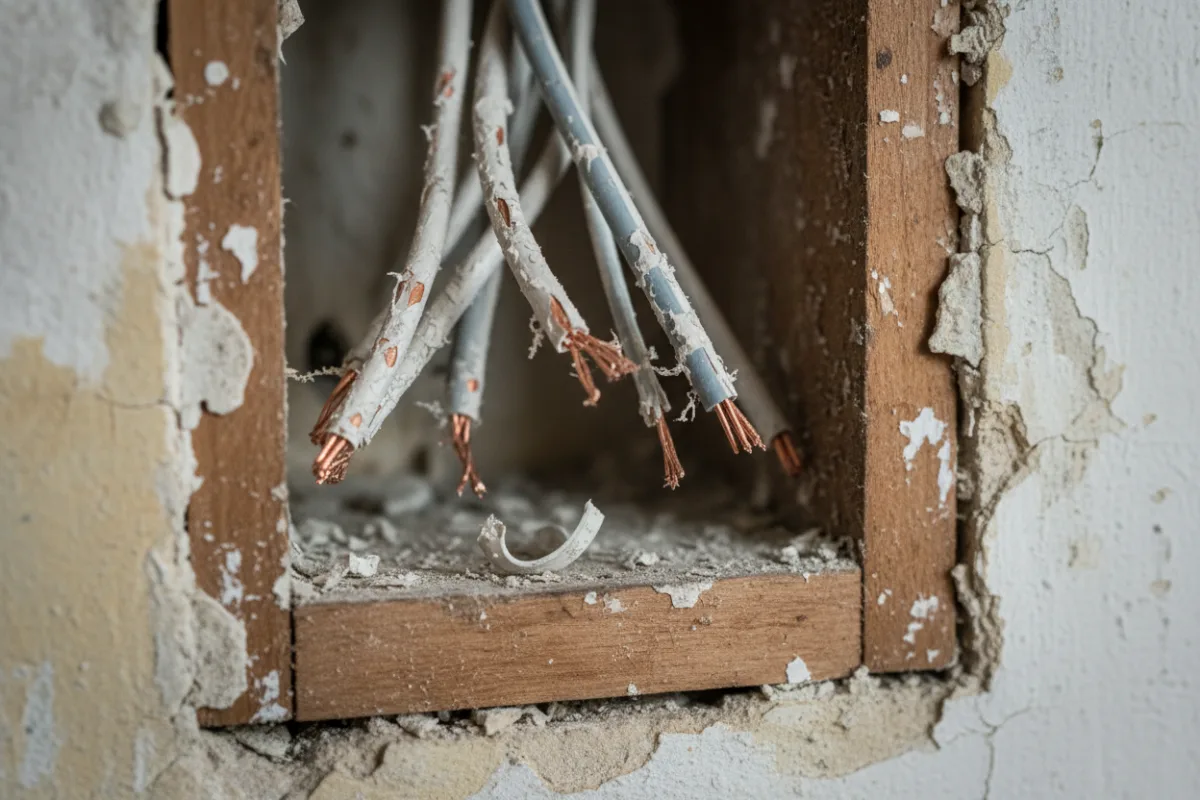 Câbles électriques rongés par des rongeurs dans une cloison, gaine plastique arrachée et cuivre exposé