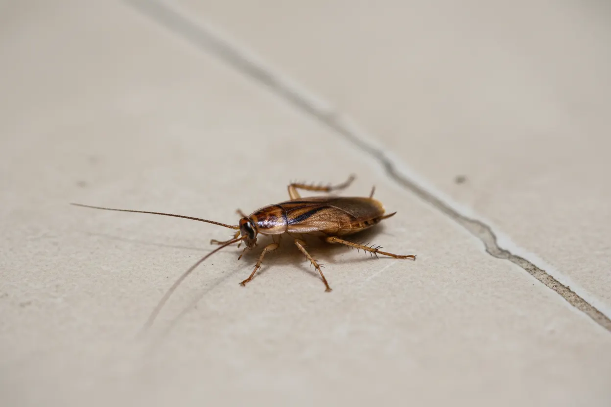 Blatte germanique adulte vue en gros plan sur un joint de carrelage de cuisine, corps brun-beige avec deux bandes sombres sur le pronotum