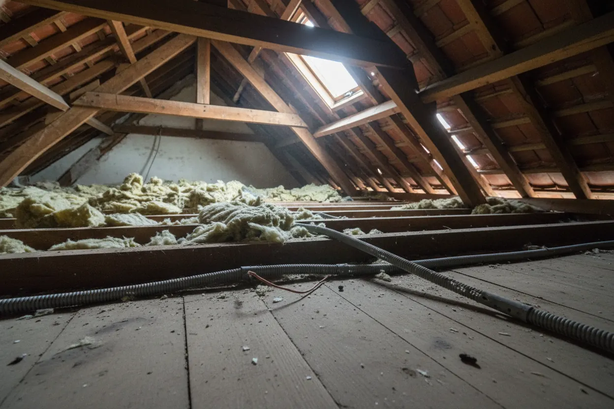 Combles d'une maison avec isolation laine de verre déchirée et éparpillée par une fouine, nid visible entre les solives