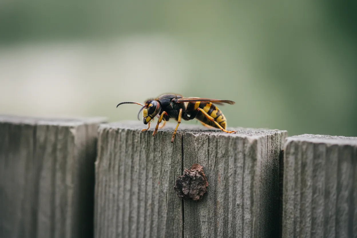 Frelon asiatique adulte en gros plan sur une branche, abdomen noir avec bande orange, pattes jaunes caractéristiques