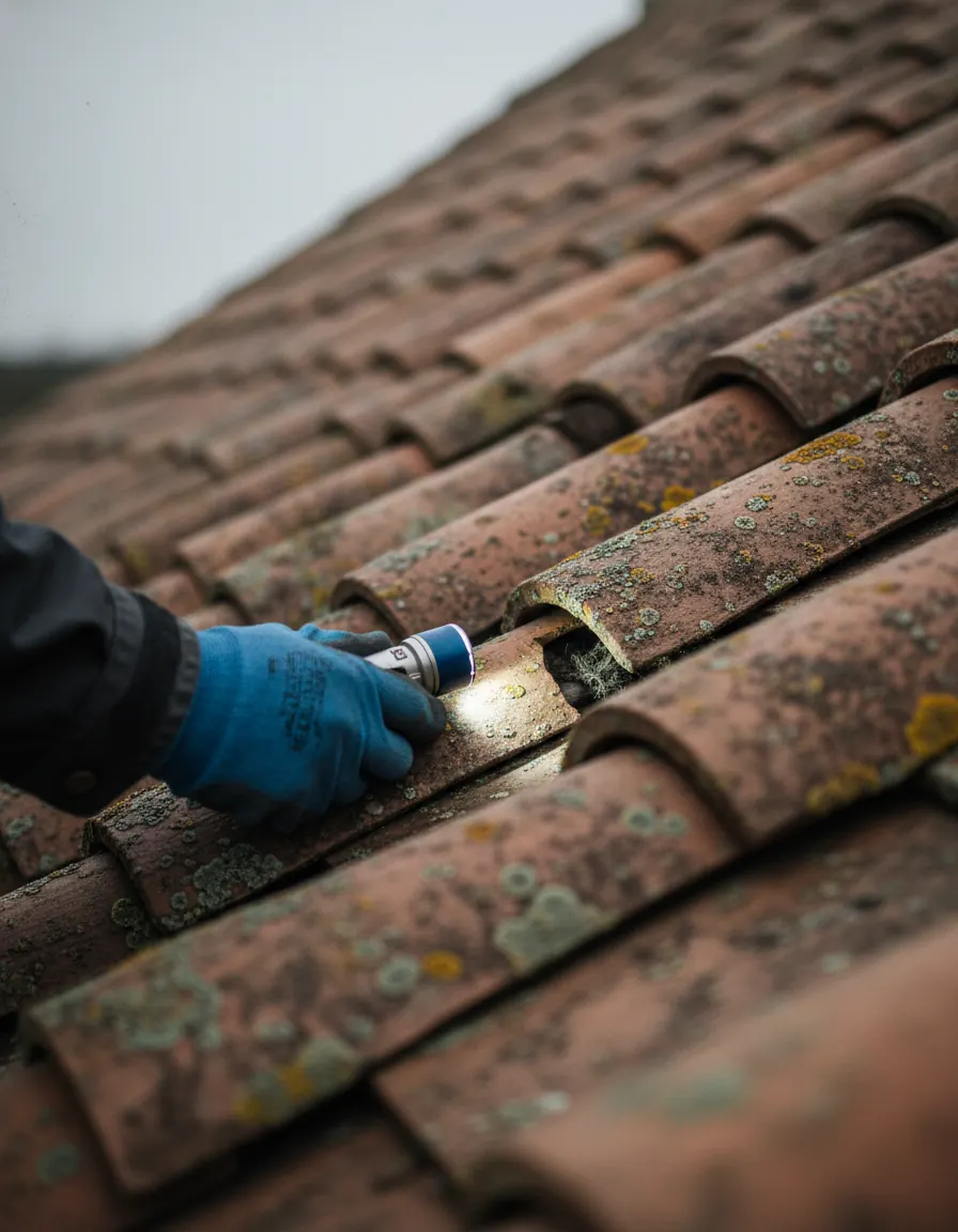 Technicien inspectant la toiture d'une maison, repérant les zones d'entrée d'une fouine sous les tuiles de rive