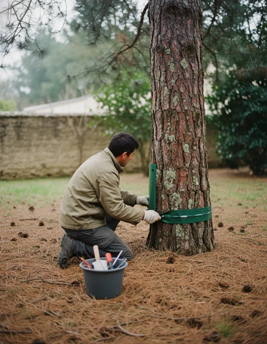 Arboriculteur en combinaison intégrale retirant un nid de chenilles processionnaires depuis une nacelle télescopique dans un pin