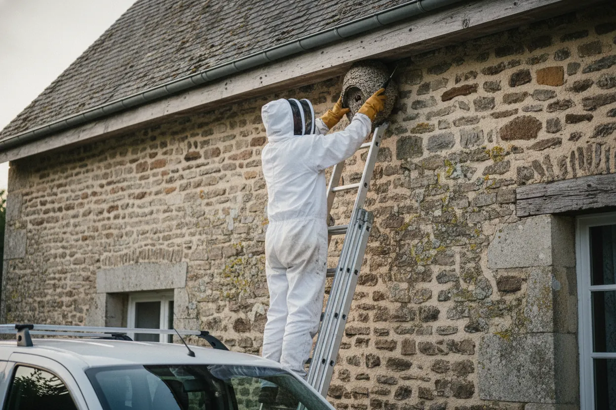 Technicien en combinaison de protection EPI utilisant une perche télescopique pour traiter un nid de frelons sous un avant-toit