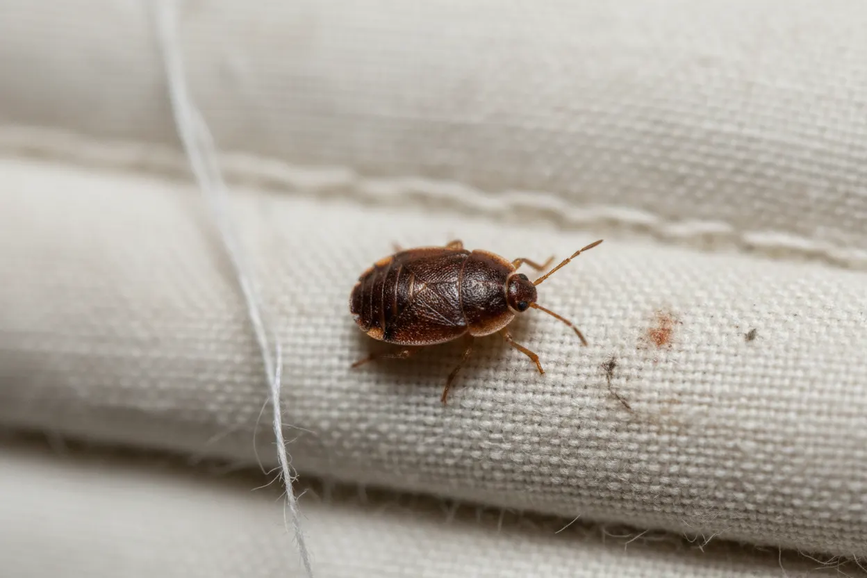 Punaise de lit adulte vue en gros plan sur une couture de matelas blanc, corps brun-rouge aplati