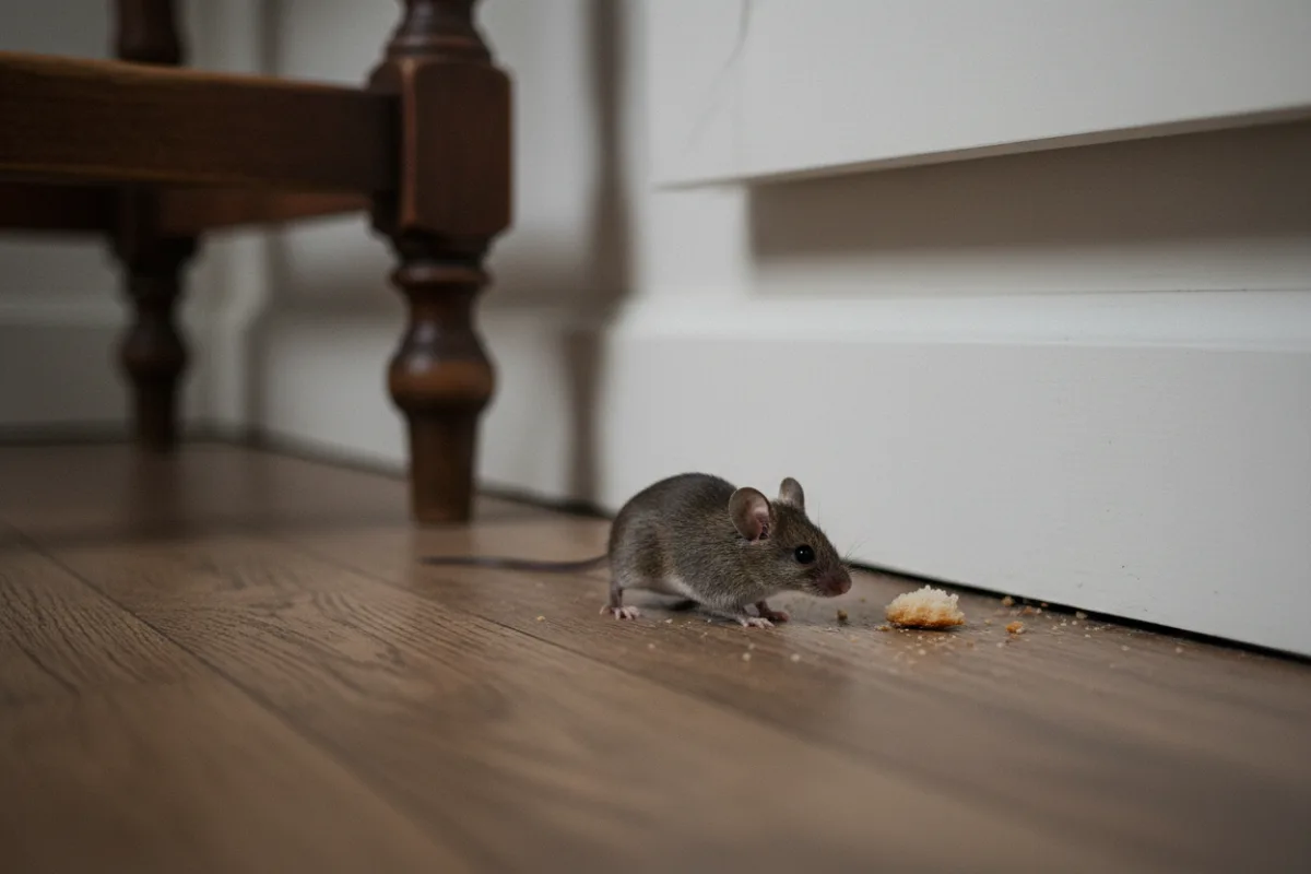Souris grise sur un parquet, près de la fente sous une plinthe dans une maison