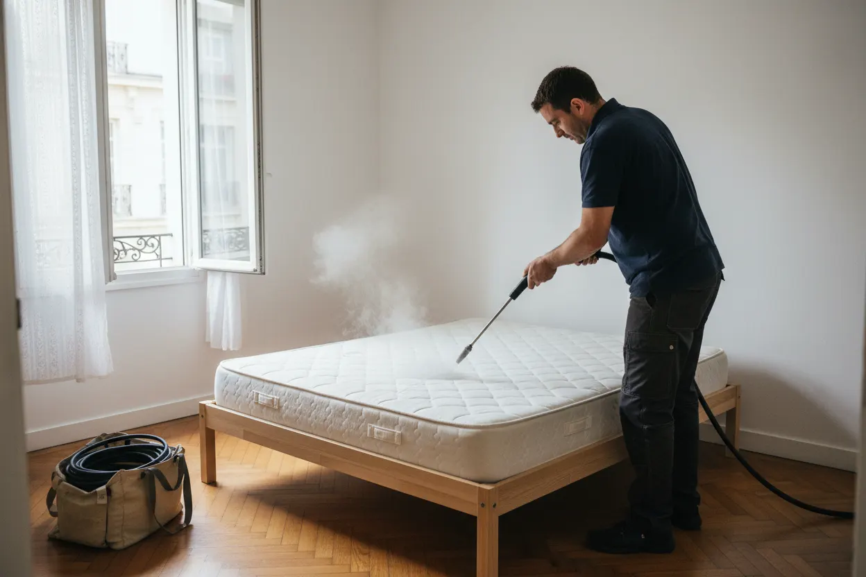 Technicien utilisant un générateur de vapeur sèche le long d'un cadre de lit, tuyau à haute température